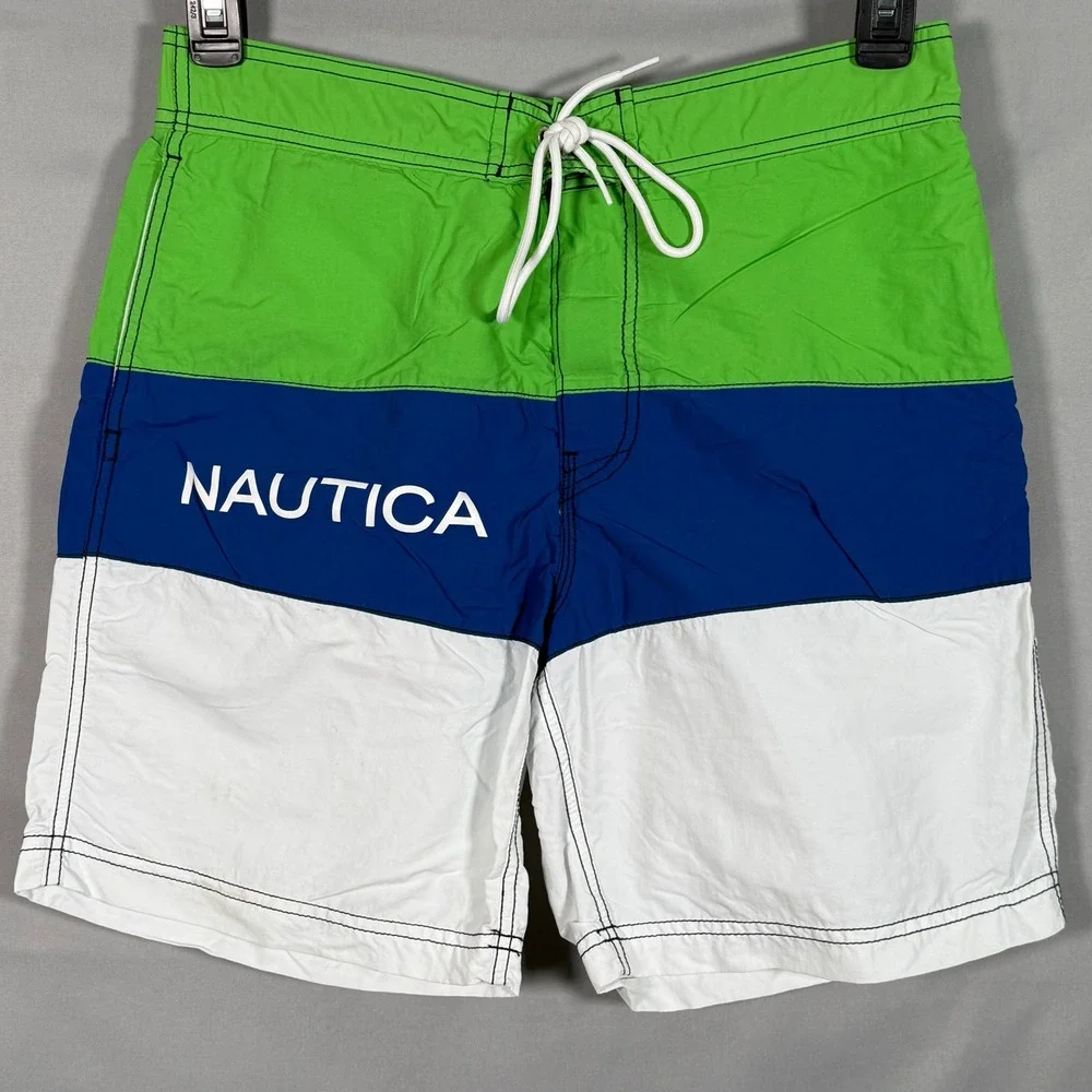 Nautica Mens Colorblock‎ Swim Trunks Green Blue White Logo Mesh Lined Medium